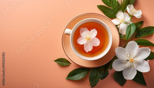 A Cup Of Tea With White Flowers And Green Leaves On A Peach Colored Background Serene And Calming Aesthetic For Relaxation Themes