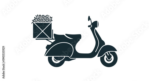 Black scooter with delivery package.
