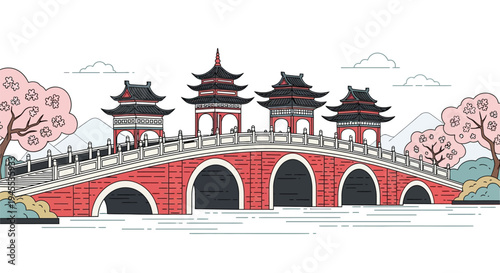 Vector illustration of Asian red bridge with pagoda towers and cherry blossom trees
