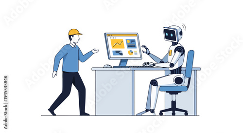 Flat 2D illustration of a man in a blue shirt and yellow hard hat interacting with a robot sitting at a desk with a computer, conveying a concept of automation replacing jobs.