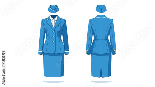 Professional blue airline crew uniform showcasing distinct front and back views ideal for travel industry concepts and service roles design graphic