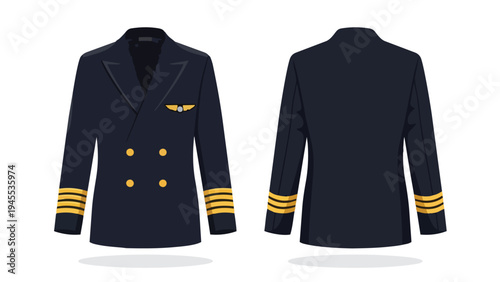Professional pilot's uniform jacket, front and back views, with insignia and gold stripes.