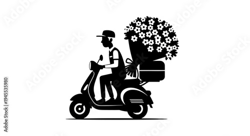 Delivery man on scooter with flowers.