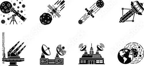 Space Defense and Satellite Monitoring Icon Set: Planetary Protection, Telescope, Radar Ground Station, Missile Defense System, and Orbital Collision Symbols for Aerospace and Science UI