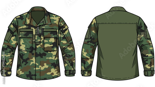 Comprehensive vector drawing illustrating a camouflage combat jacket, front and back, featuring detailed pockets and a distinct plain rear, perfect