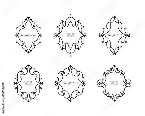 Elegant ornamental outline frame set with decorative vintage label shapes for invitations, certificates, branding, packaging and classic border design in refined linear style. Vector illustration.