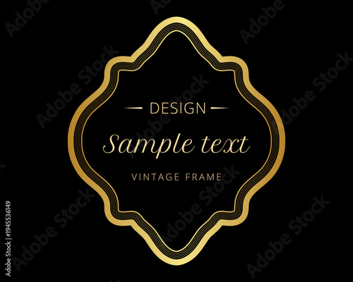 Elegant black vintage label with golden diamond inspired border and refined decorative outline, luxury frame template for branding, packaging, invitations and premium stationery. Vector illustration.