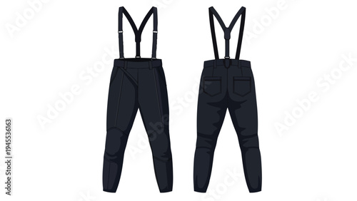 A full illustrative presentation of sturdy dark-colored pants paired with functional suspenders, meticulously showing both the complete front and