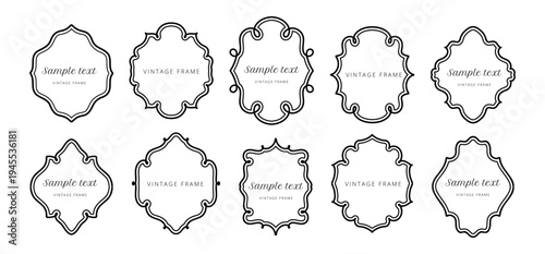 Elegant ornamental label set in gray outline with decorative vintage frame shapes for invitations, certificates, branding, packaging and classic border design in refined minimalist style. Vector illus