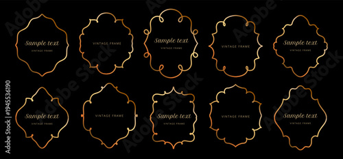 Minimal golden line label set on black background with elegant ornamental borders and decorative vintage shapes for luxury branding, packaging, invitations and premium product design. Vector illustrat