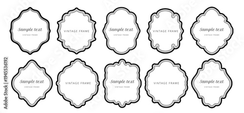 Decorative label outline set in gray with soft vintage shapes and elegant border variations for branding, packaging, invitations, certificates and minimalist ornamental design projects. Vector illustr