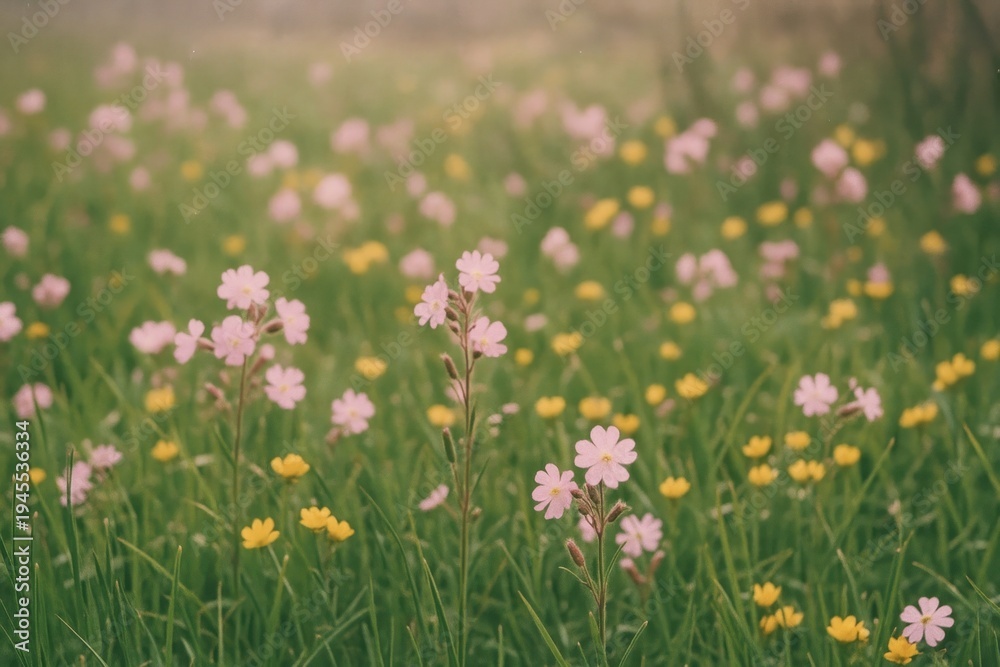Fototapeta premium Vibrant wildflowers in serene meadow.