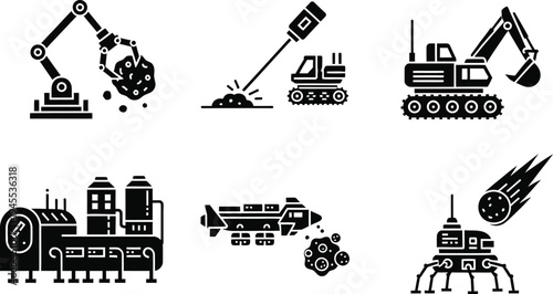 Asteroid Mining and Space Industry Vector Icon Set: Robotic Excavators, Mineral Extraction, Cargo Shuttles, and Off-World Processing Facilities for Future Aerospace and Resource Technology