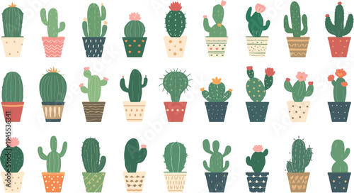 Vector cactus plant set in pots with cartoon style icons for garden and nature design illustration