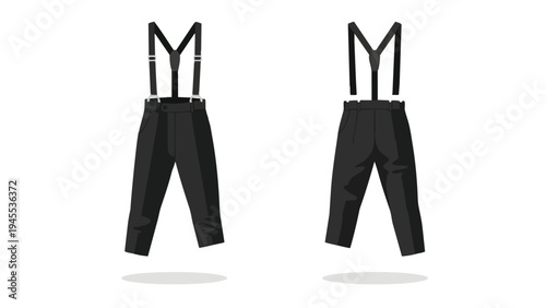 Sophisticated illustration of black dress pants adorned with classic suspenders, presenting a crisp and polished formal wear ensemble from front and