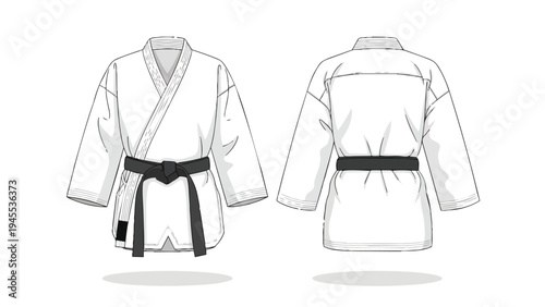 Detailed illustration of a traditional martial arts uniform with black belt, showcasing front and back views clearly