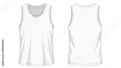 Minimalist white tank top flat sketch presenting front and back views. Ideal for apparel design and textile projects. A versatile blank template for