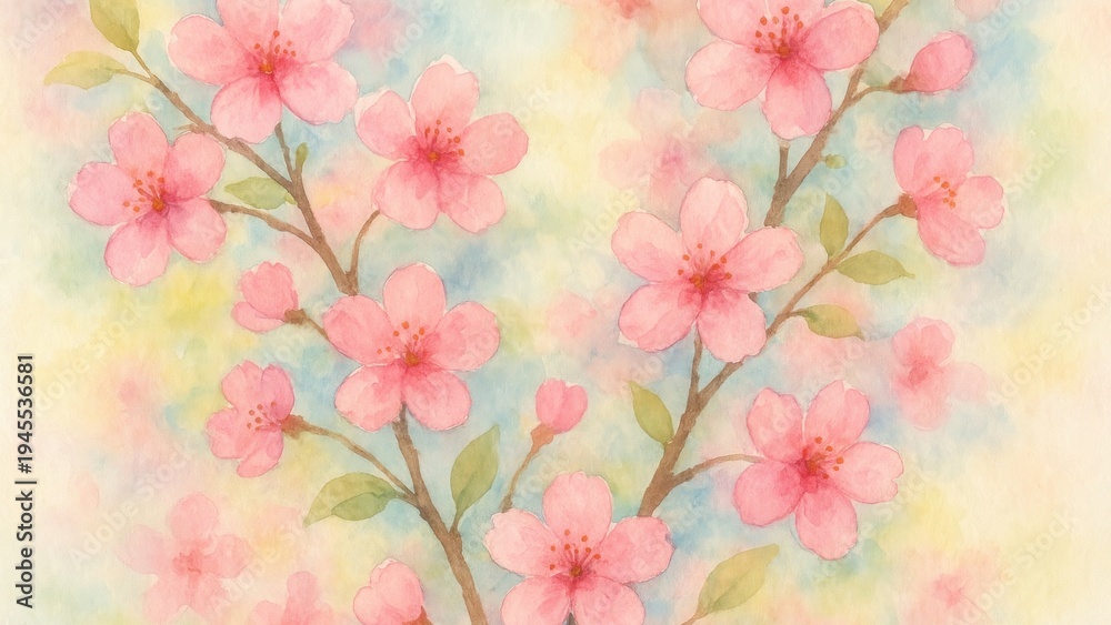 Fototapeta Delicate watercolor cherry blossoms desktop wallpaper