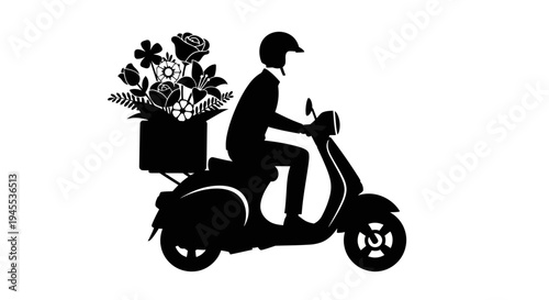 Man Riding Moped with Flower Box.