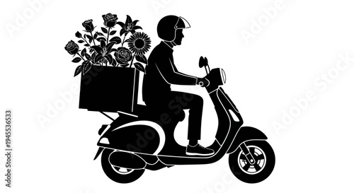 Man Riding Moped with Flower Box.