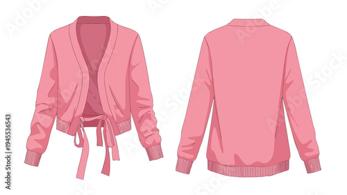 Soft pink tie-waist cardigan technical fashion drawing, presenting front view with elastic hem and reverse perspective