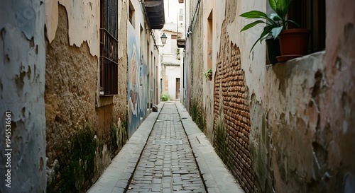 Narrow Historic Alleyway with Cobblestone Path and Weathered Walls