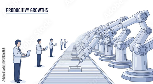 Flat 2D illustration of a production line with robotic arms and workers, depicting automation replacing jobs in a concept of productivity growth.