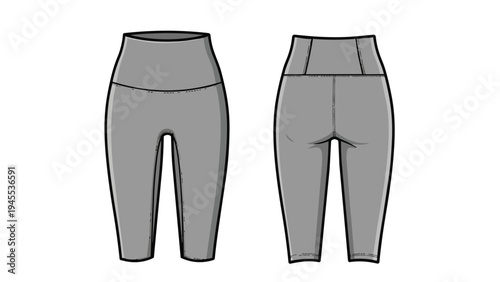 Technical fashion flat drawing of high-waisted capri leggings for activewear design purposes