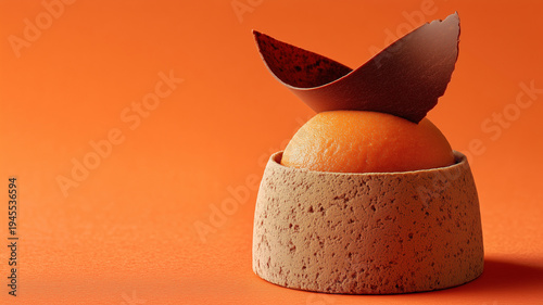 A sophisticated, bright orange lucuma fruit mousse dome with a velvety texture, accented by dark chocolate elements and gourmet plating.