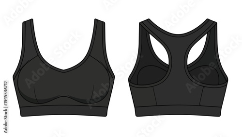 Detailed technical flat sketch of a black athletic sports bra with racerback design