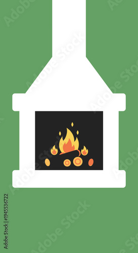 White fireplace with burning fire.