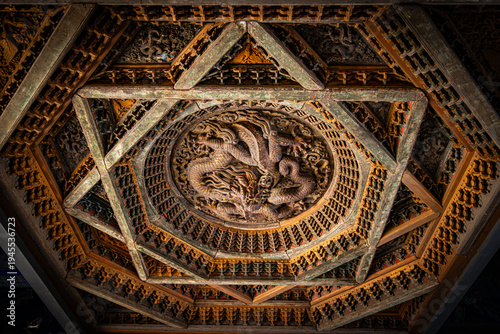 Decorative Wood-Carved Caisson Ceiling in Chinese Traditional Building