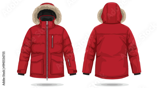 Dynamic red insulated winter jacket with fur-lined hood, front and back views