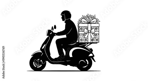 Man Riding Motorcycle with Gift Box.