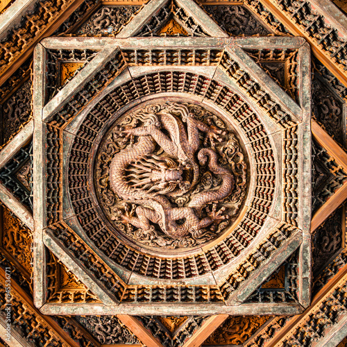 Decorative Wood-Carved Caisson Ceiling in Chinese Traditional Building