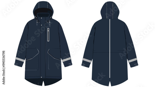 Technical illustration of a navy blue hooded outdoor parka with reflective safety features