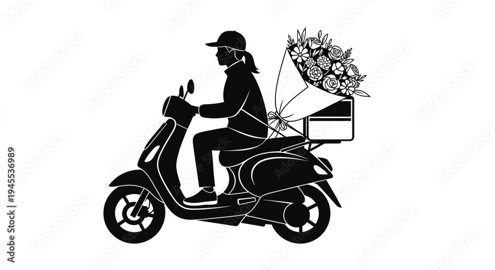 Fototapeta premium Man riding scooter with flower bouquet.
