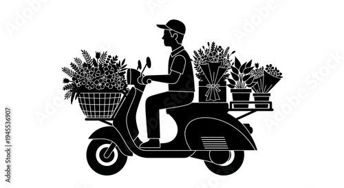 Man riding scooter with flower baskets.