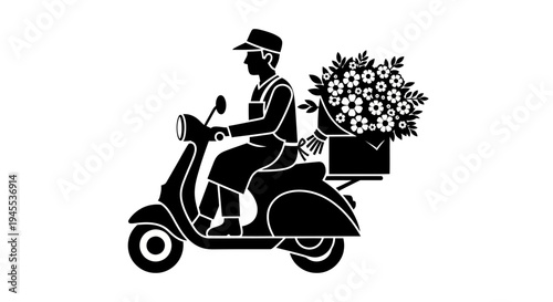 Man riding scooter with flower bouquet.