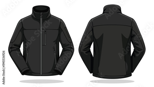 Contemporary black softshell jacket vector illustration, meticulously detailing its front and back views for apparel design and comprehensive