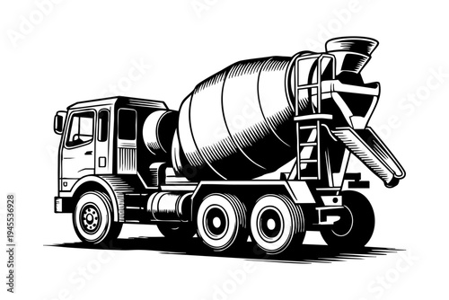 Concrete mixer truck vintage engraving illustration black and white drawing
