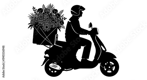 Man riding scooter with flower bouquet.
