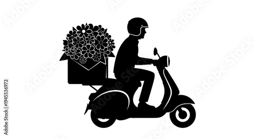 Man riding scooter with flower bouquet.