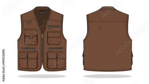 Functional brown utility vest vector design, displaying front and back views with numerous secure pockets and zippers for outdoor enthusiasts and