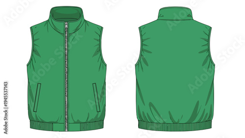 Modern green sleeveless jacket flat vector design, featuring front and back views with a zipper, perfect for apparel mockups