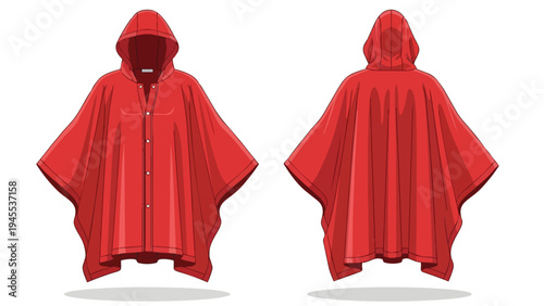 Vibrant red hooded poncho vector illustration front and back views for rain protection gear
