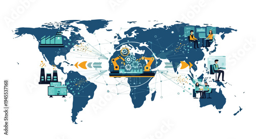 Flat 2D world map illustration with various icons and graphics representing global connections and automation replacing traditional jobs on a clean white background with a concept of AI