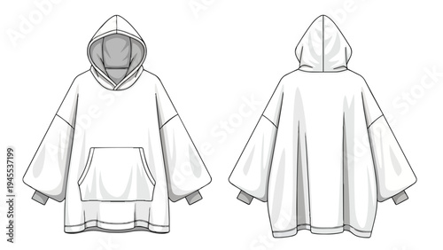 Oversized hooded garment technical drawing, front and back views for apparel design illustration