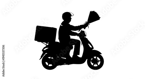 Silhouette of delivery man on scooter.