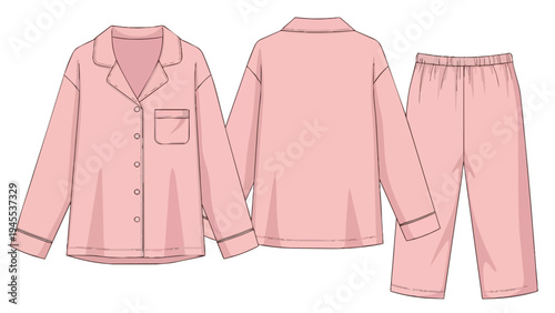 Elegant flat sketch of a comfortable pink pajama set, featuring a collared, button-front long-sleeved top with a pocket and matching elastic waist